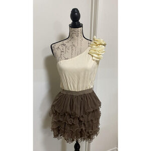 Windsor Dress Womens Large Cream Brown One Shoulder Ruffle Tulle Party Y2K